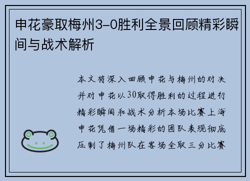 申花豪取梅州3-0胜利全景回顾精彩瞬间与战术解析