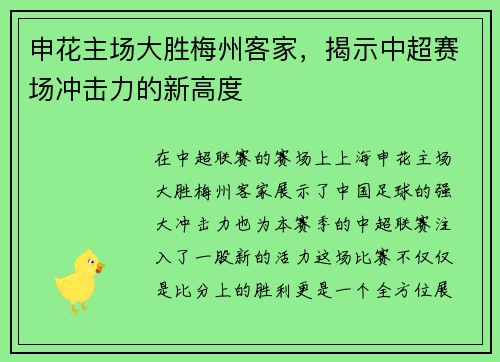 申花主场大胜梅州客家，揭示中超赛场冲击力的新高度
